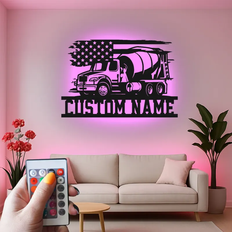 Insegna in metallo personalizzata con luce LED a forma di camion betoniera regalo per lavoratori edili decorazione per garage o ufficio