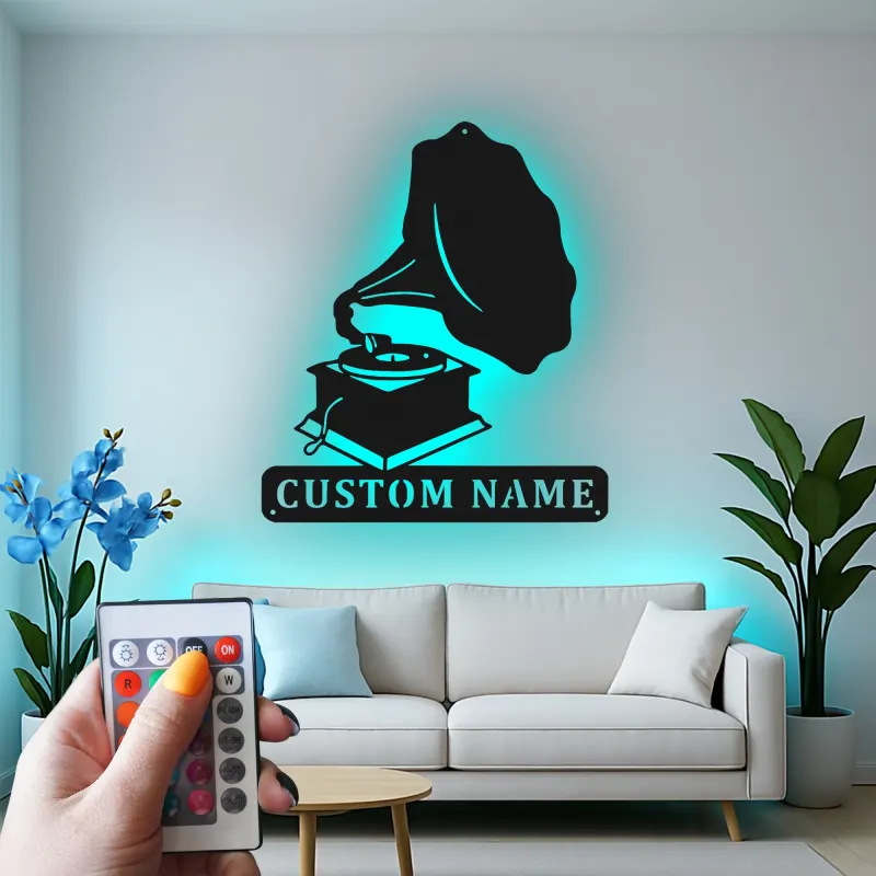 Arte Murale in Metallo con Gramofono Personalizzato | Decorazione Musicale Illuminata a LED | Insegna con Nome Personalizzato per Studio o Soggiorno
