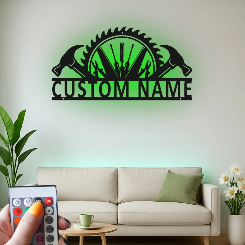 Décoration murale en métal personnalisée avec rétroéclairage LED en forme de lame de scie - Cadeau pour bricoleur, décoration de garage et d'atelier