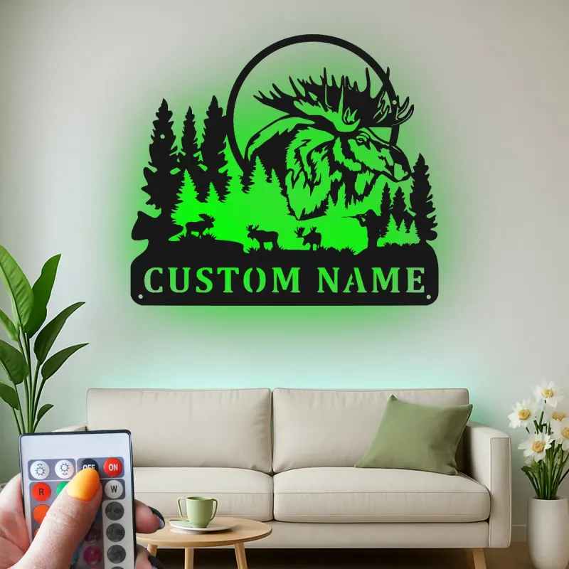 Cartel de metal de alce personalizado | Decoración mural LED de fauna | Decoración rústica para cabaña y lodge de caza