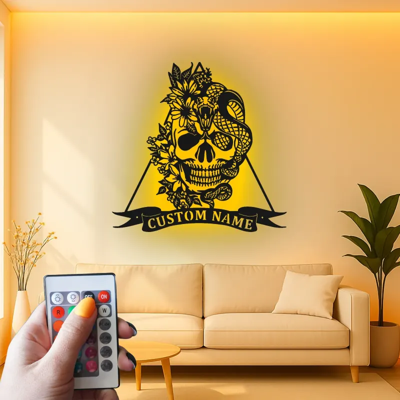 Gothic Skull & Snake LED Metal Wall Art | Personalized Tattoo Studio Decor | Custom Name Sign for Home Bar