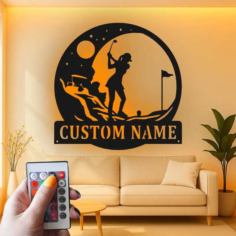 Personalized Golfer LED Sign | Custom Metal Wall Art for Home & Office | Golf Lover Gift