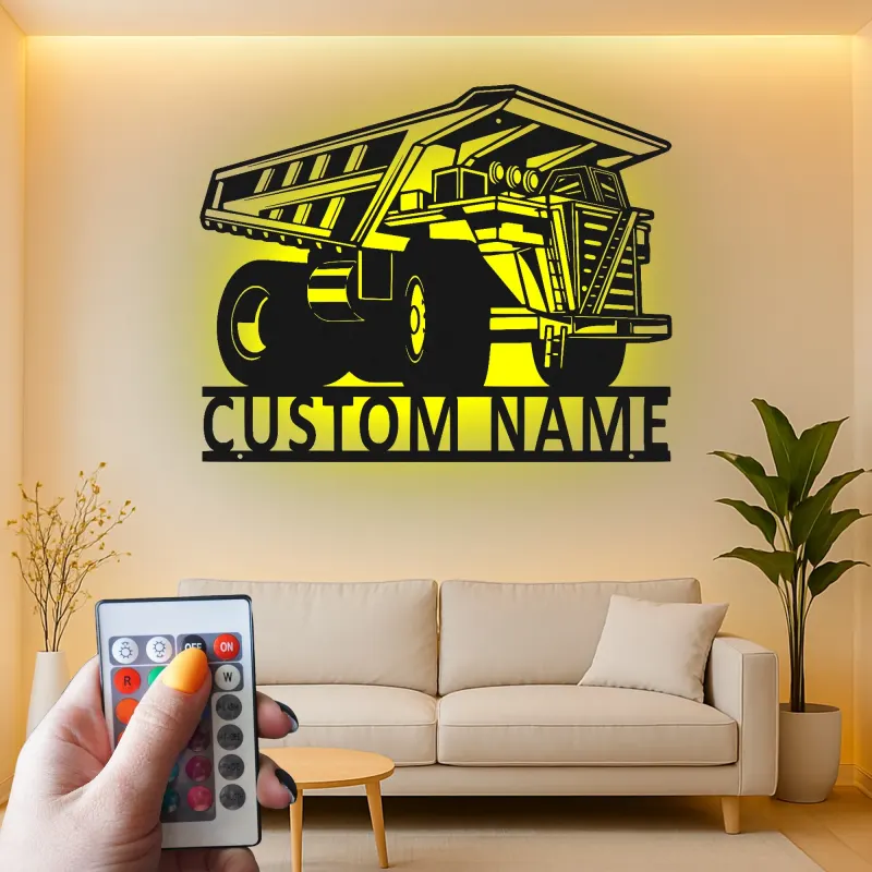 Custom Dump Truck Led Light Metal Wall Art Personalized Gift for Construction Enthusiasts Garage or Kid's Room Decor