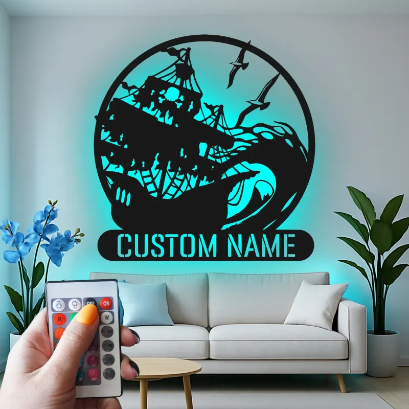 Décoration Murale en Métal de Navire Pirate | Plaque de Nom LED Personnalisée | Décor Nautique Vague Océan pour Bar à Domicile