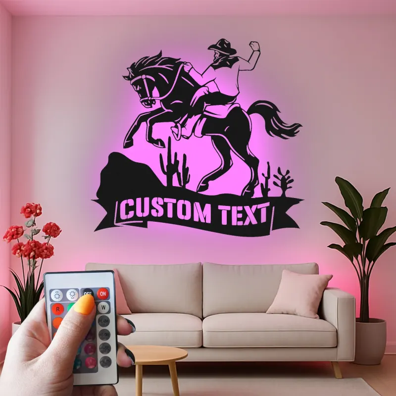Décoration murale en métal personnalisée de cowboy sur cheval avec rétroéclairage - Cadeau western pour lui - Décor de ranch rustique
