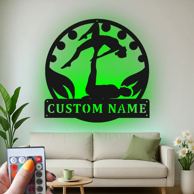 Décoration murale en métal LED personnalisée pour couple de yoga acrobatique - Cadeau unique pour les amoureux du yoga - Décor de chambre ou de studio