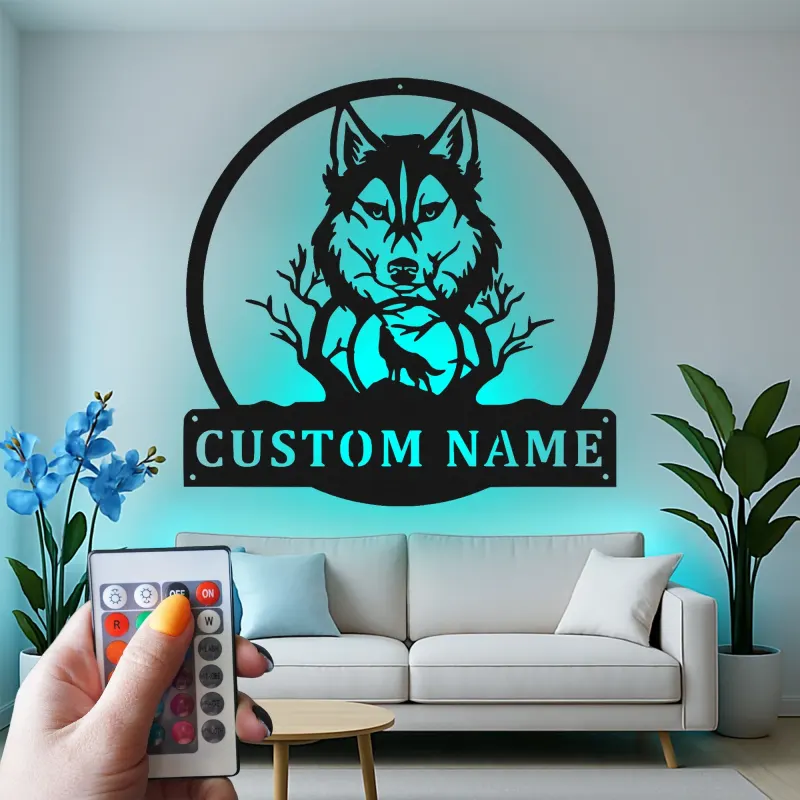 Décoration murale en métal personnalisée avec lumière LED de loup et lune