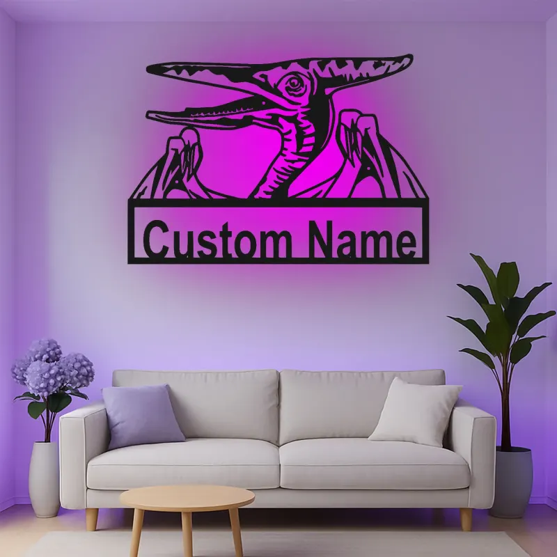 Décoration murale en métal personnalisée avec ptérodactyle et rétroéclairage LED - Cadeau dinosaure pour chambre d'enfants ou salle de jeux