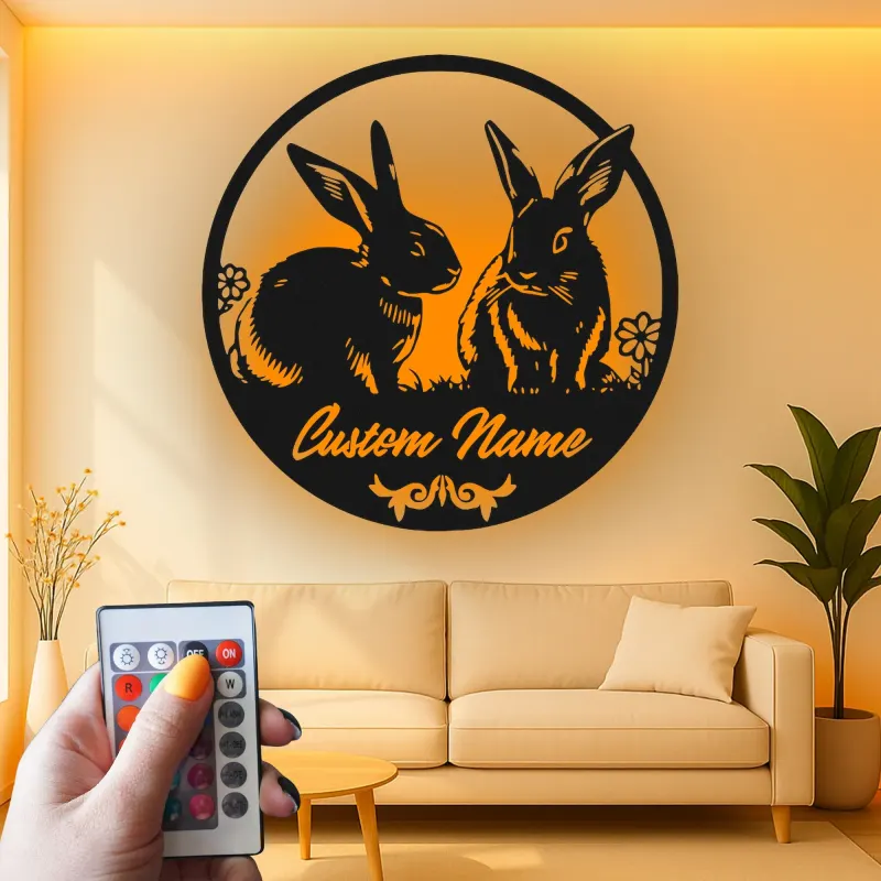 Insegna in Metallo Personalizzata con Coniglio e LED | Arte in Metallo del Coniglio | Decorazione per Nursery e Casa per Amanti degli Animali