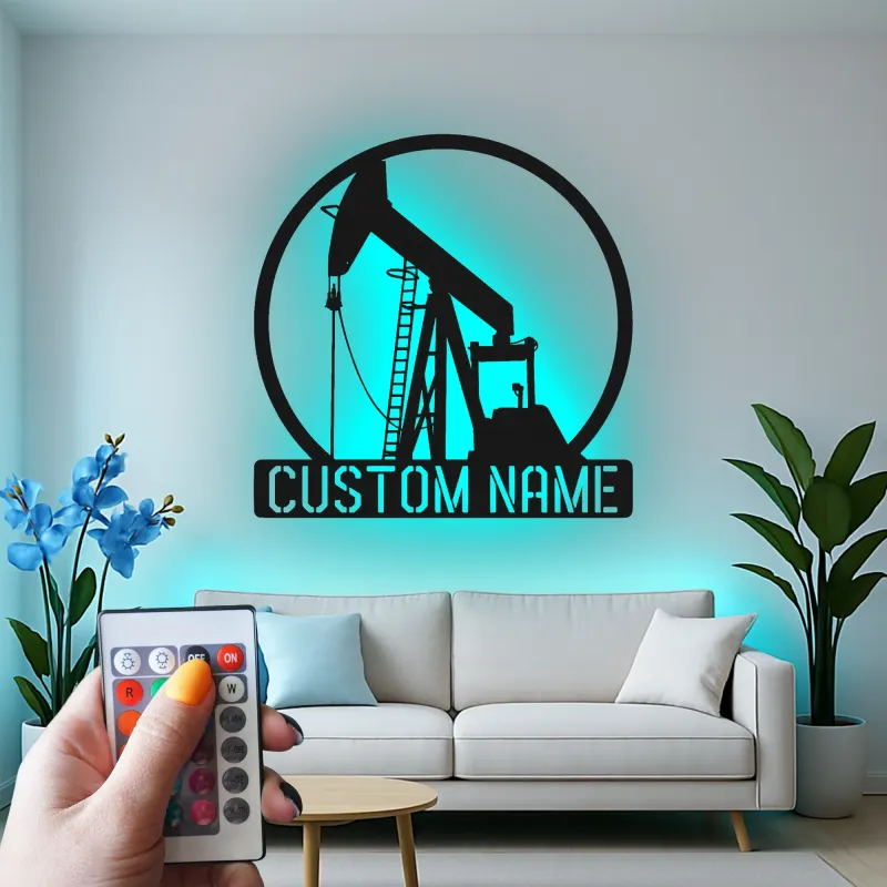 Custom Oil Pump Jack LED Metal Art | Personalized Oilfield Decor | Industrial Man Cave Sign