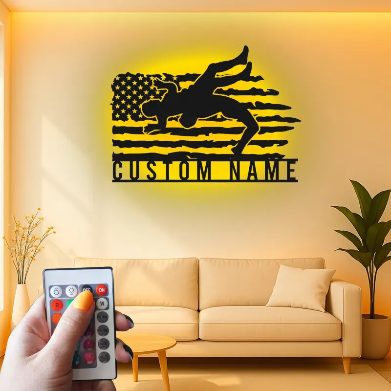 Décoration murale en métal personnalisée avec éclairage LED Lutte Américaine Drapeau Cadeau Sportif Personnalisé pour Athlètes Décor de Gym ou de Chambre