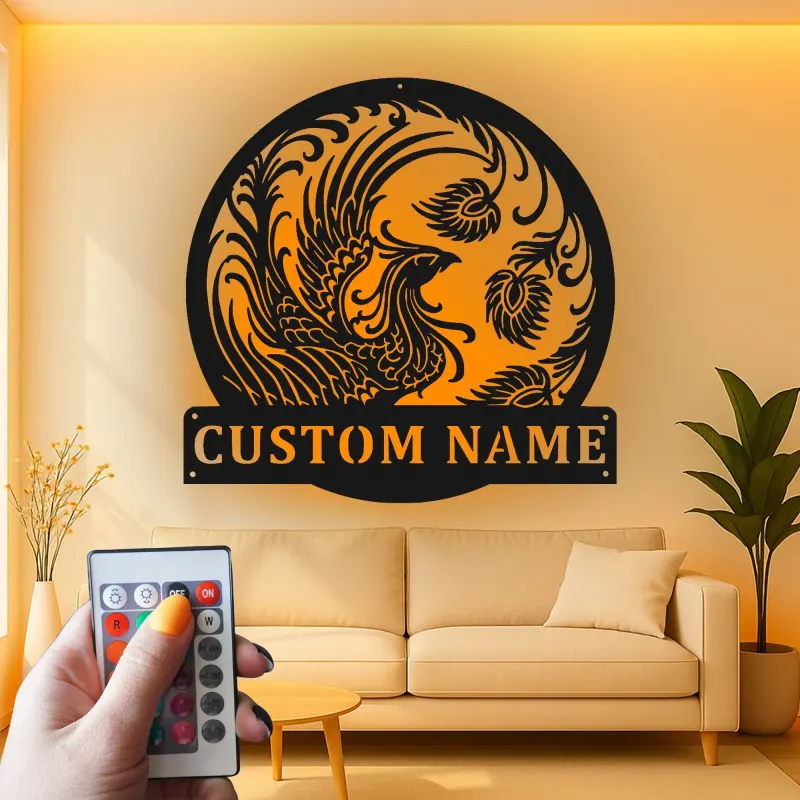 Panneau en métal personnalisé Phoenix Rising | Art mural rétroéclairé pour bureau et studio | Logo mythique Firebird personnalisé