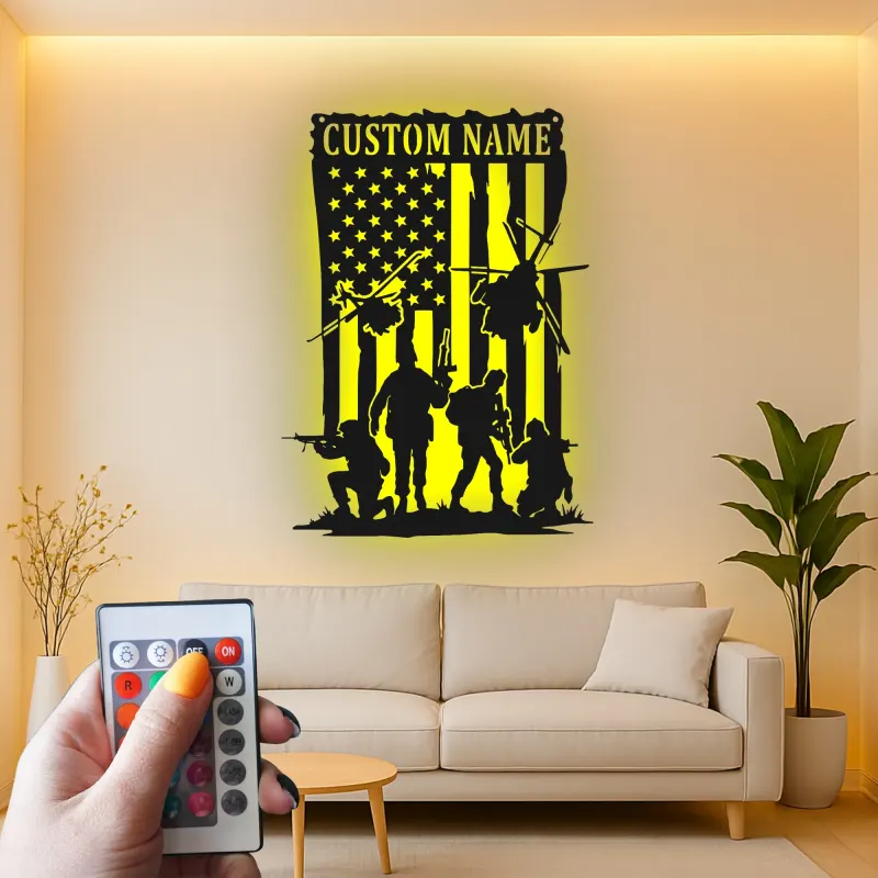 Panneau Militaire Personnalisé | Art en Métal Silhouette de Soldat | Décor LED Drapeau Américain pour Anciens Combattants