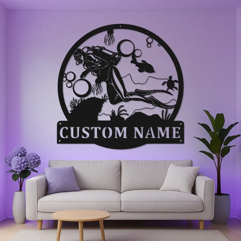 Insegna in Metallo Personalizzata per Subacqueo | Arte da Parete LED Oceanica | Targa Nome Personalizzata per Regalo per Subacqueo | Decorazione Nautica per Casa e Ufficio