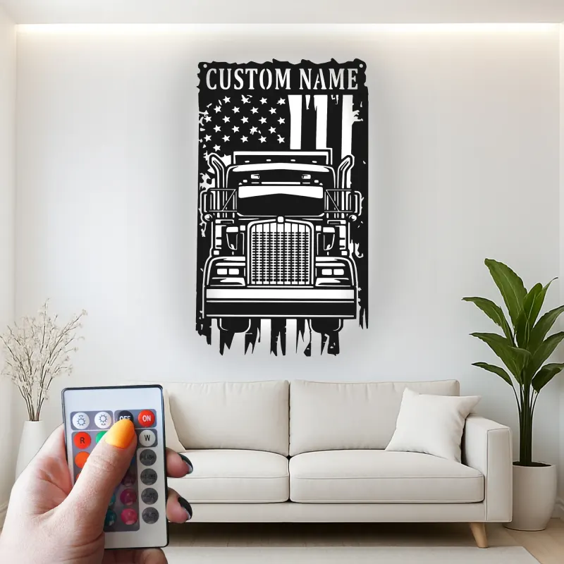 Décoration murale en métal LED personnalisée avec drapeau américain - Cadeau pour camionneurs, décoration de garage ou de coin masculin