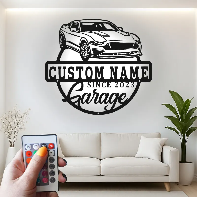 Letrero de garaje con coche muscle personalizado | Arte mural LED de metal personalizado | Regalo para amante de los coches y decoración de sala de juegos