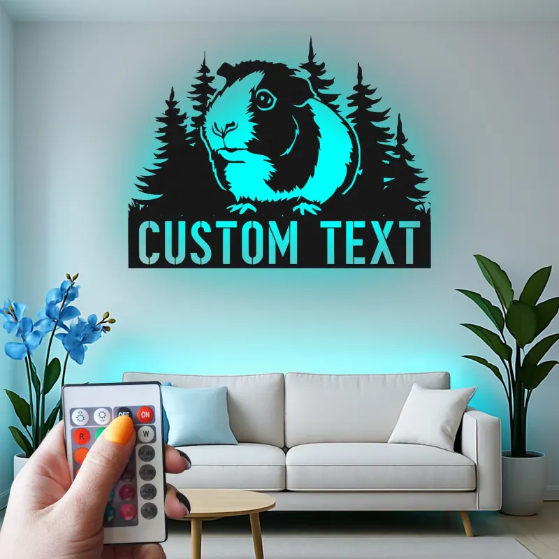 Insegna LED personalizzata con porcellino d’India | Arte murale in metallo personalizzata | Regalo per amanti degli animali per cameretta e nursery | Targa con nome dell’animale
