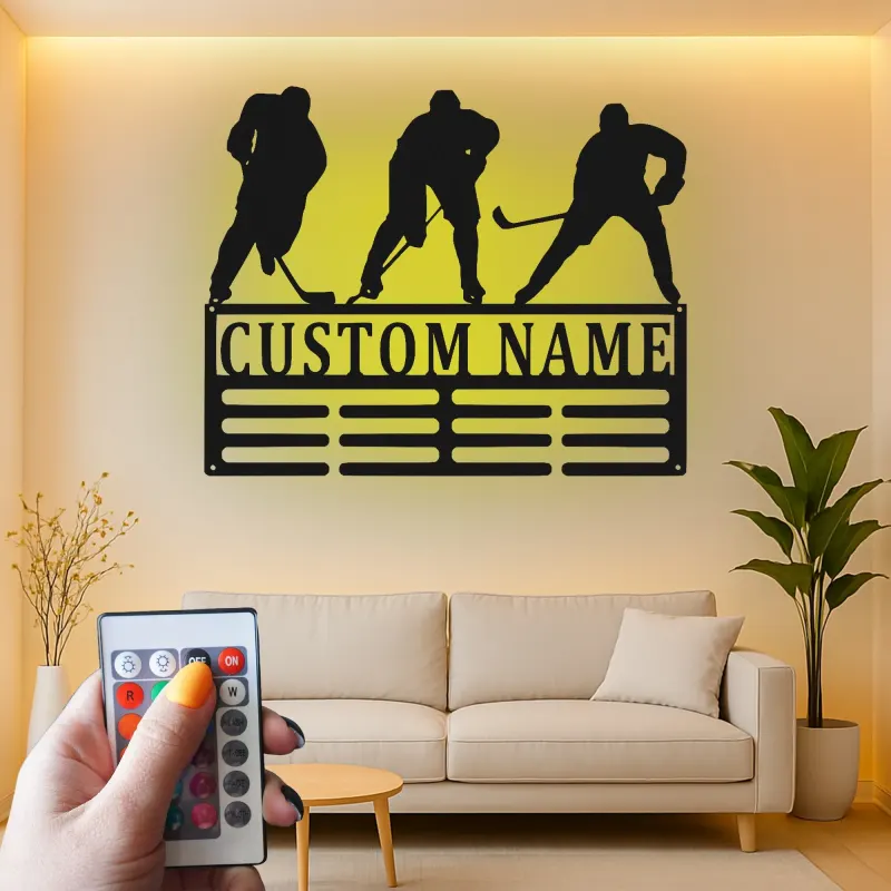 Panneau prénom hockey personnalisé | Décoration murale en métal LED pour salle de jeux | Silhouette de joueur personnalisée | Cadeau pour amateur de sport