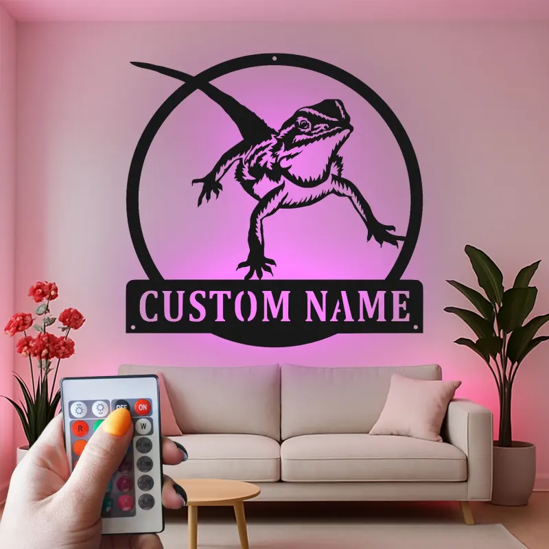 Personalisierte Bartagame LED Metall-Schild | Personalisierte Reptil-Silhouette Dekor | Beleuchtete Echsen-Wandkunst Geschenk