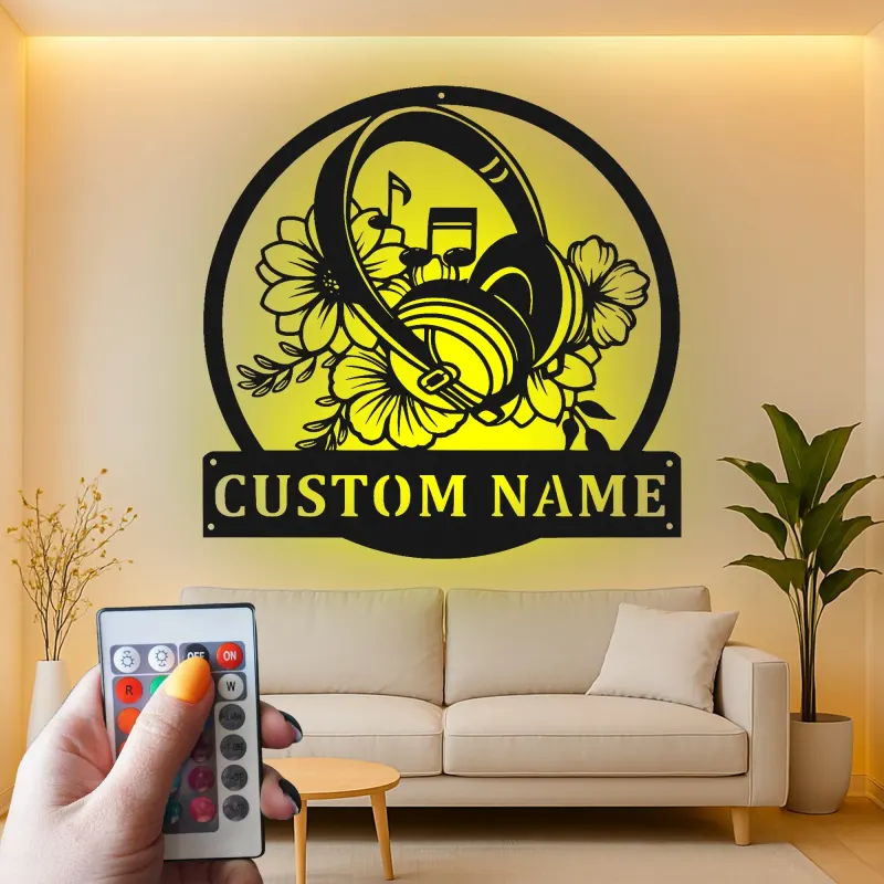 Personalisierte Metall-Wandkunst für Kopfhörer | LED-Schild für Musikstudio-Dekor | Florales Geschenk für Musiker