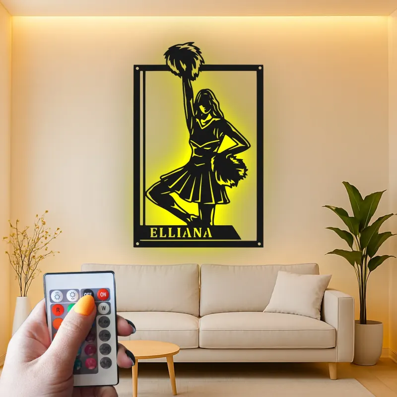 Personalisierte Cheerleader LED-beleuchtete Metall-Wandkunst – Geschenk für Cheer-Teamzimmer oder Spielzimmer-Deko