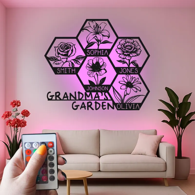 Grandma's Garden Custom Sign | Personalized LED Metal Wall Art | Floral Family Name Decor | Gift for Grandma