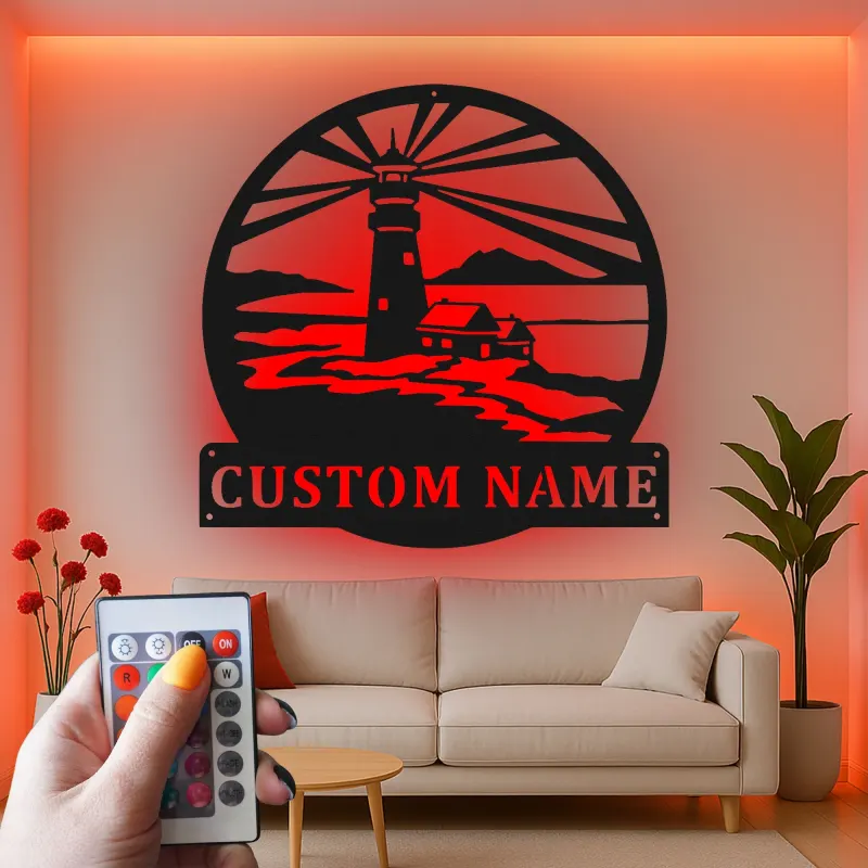 Panneau en métal personnalisé de phare | Art mural côtier rétro éclairé | Décor de maison de plage personnalisé | Cadeau nautique pour cabane