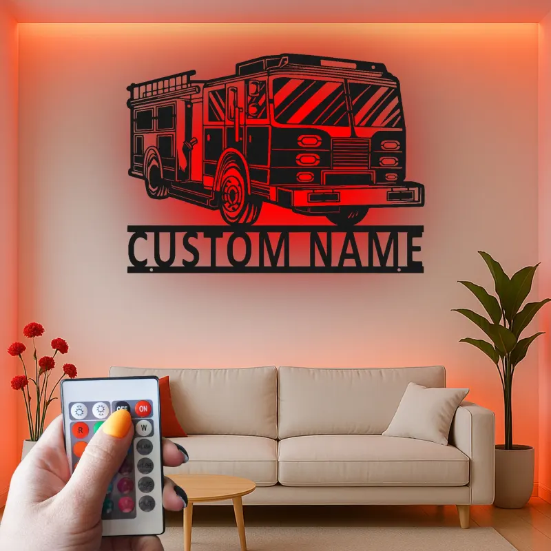 Cartel de metal de camión de bomberos personalizado | Arte mural LED personalizado para regalo de bombero | Decoración de estación de bomberos y man cave