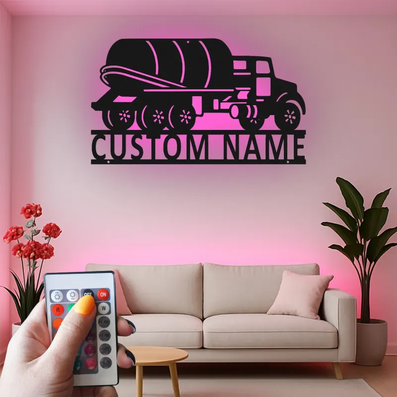 Custom Cement Mixer Truck Led Light Metal Wall Art Personalized Gift for Truck Enthusiasts Garage Wall Decor