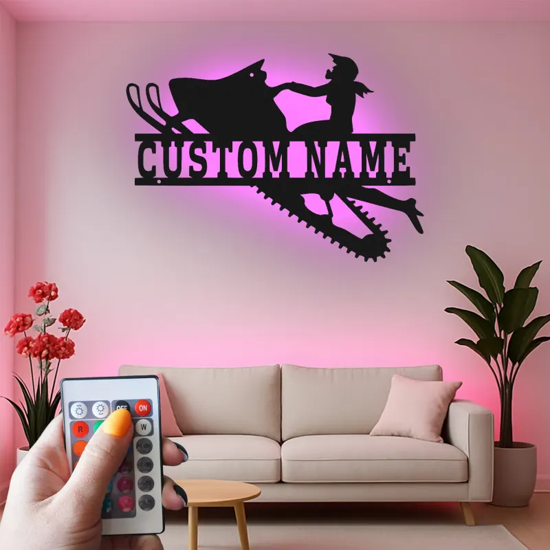 Personalisierte LED-Beleuchtung Metall-Wandkunst für Schneemobilfahrer – Geschenk für Schneemobil-Enthusiasten, Garage oder Hüttendekoration