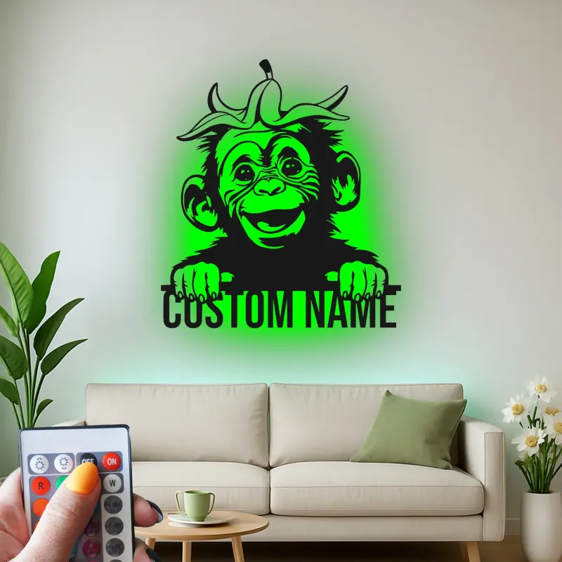 Personalisierte Schimpansen Namensschild | LED Metall-Wandkunst | Lustiges Affenlicht für Kinderzimmer & Babyzimmer | Individuelle Tierdekoration