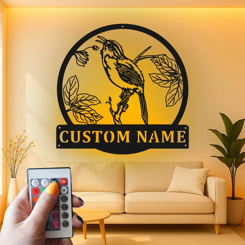 Personalisiertes LED-beleuchtetes Metall-Wandkunst mit Vogel und Zweig – Geschenk für Naturfreunde, Garten- oder Terrassendekor