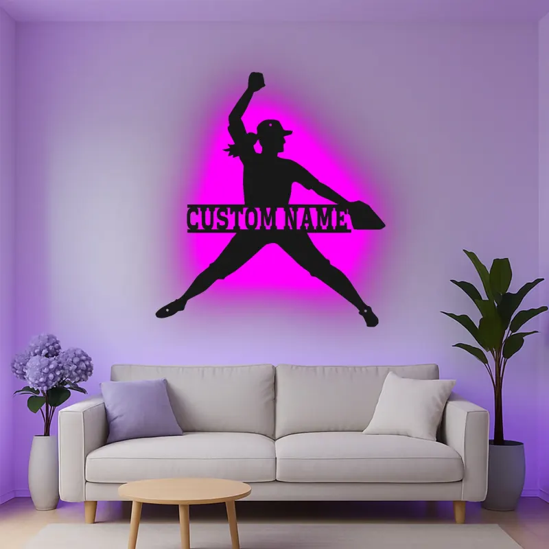 Cartel de metal personalizado con luz LED de lanzadora de softbol, regalo personalizado para atletas, decoración para sala de deportes