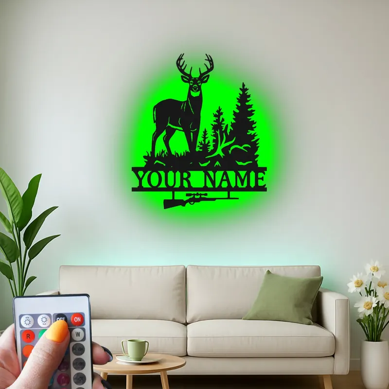 Insegna in metallo personalizzata per cacciatori di cervi con luce LED regalo personalizzato per cacciatori decorazione rustica per cabine 3