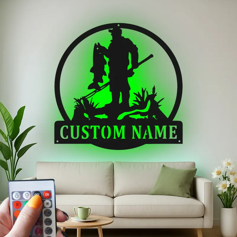 Panneau personnalisé de pêcheur avec LED | Décoration murale en métal sur mesure | Déco pour maison de lac et chalet | Cadeau pour pêcheur