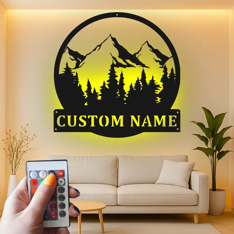 Personalized Mountain Metal Wall Art | LED Backlit Nature Scene for Cabin Decor | Custom Family Name Sign