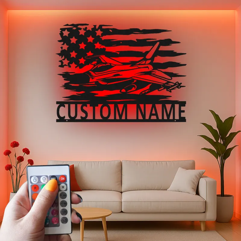 Custom Fighter Jet LED Metal Art | Personalized Military Pilot Gift | American Flag Wall Decor | Patriotic Man Cave Sign