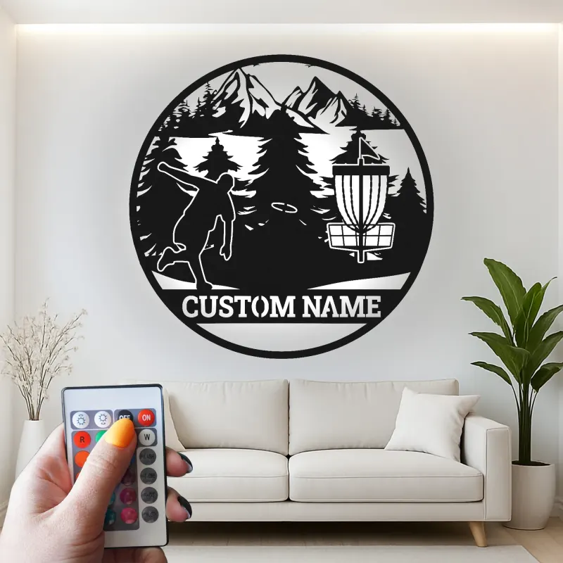 Décoration murale en métal LED personnalisée pour disc golf - Cadeau pour les golfeurs