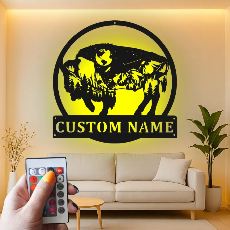 Custom Bison Mountain Scene Led Light Metal Wall Art Personalized Nature Lover Gift Rustic Home Decor