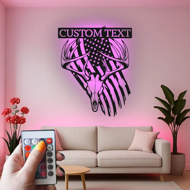 Custom Deer Skull with American Flag Led Light Metal Wall Art Personalized Gift for Hunter Rustic Man Cave Decor