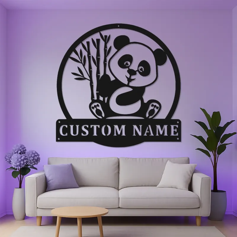 Insegna LED Personalizzata con Panda | Decorazione per Nursery in Metallo | Regalo di Arte da Parete per Bambini | Targa Illuminata per Camera dei Bambini