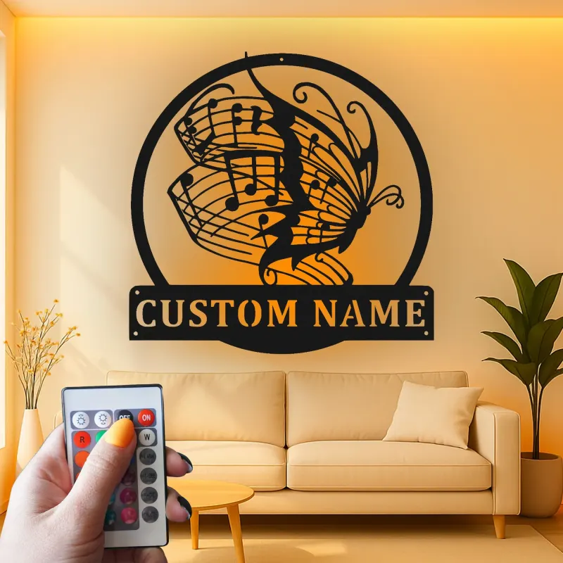 Panneau LED personnalisé avec papillon musical | Décoration murale en métal personnalisée | Cadeau pour amoureux de la musique | Décor de studio illuminé