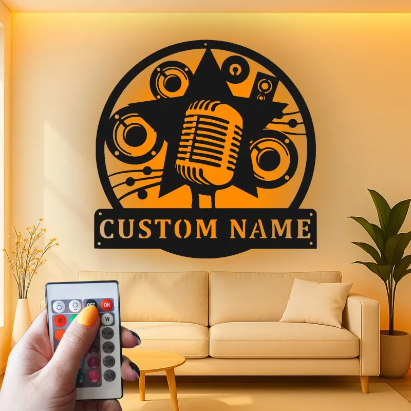 Personalisierte LED-Metallschild im Retro-Mikrofon-Design | Wandkunst für Musikstudio | Musiker Namensschild | Geschenk für Sänger