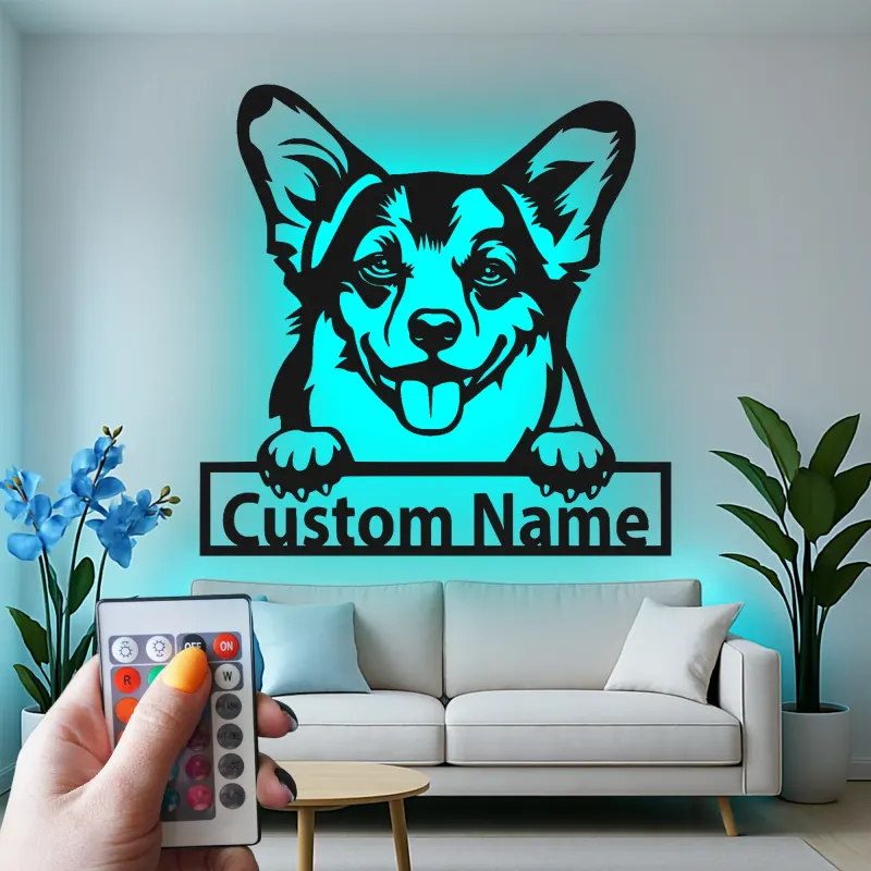 Décoration murale en métal LED personnalisée Corgi - Cadeau pour amoureux des chiens - Décor pour salon