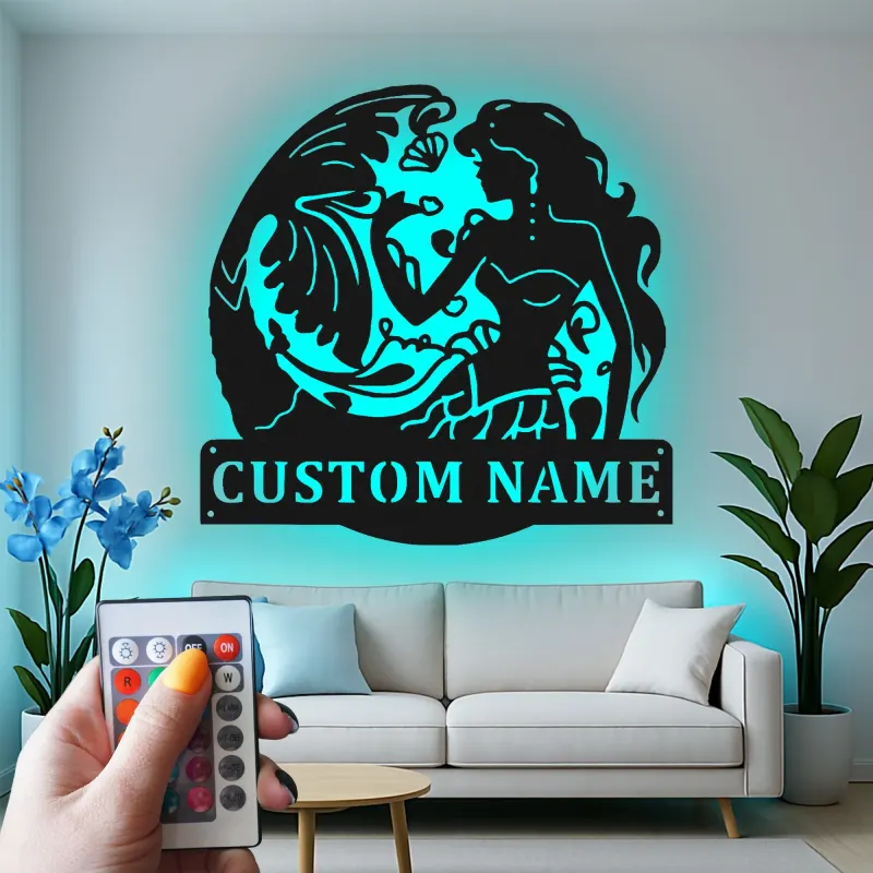 Panneau en Métal Personnalisé Sirène | Art Murale LED Personnalisé | Décor Maison de Plage & Nursery Nautique | Silhouette de Coquillage