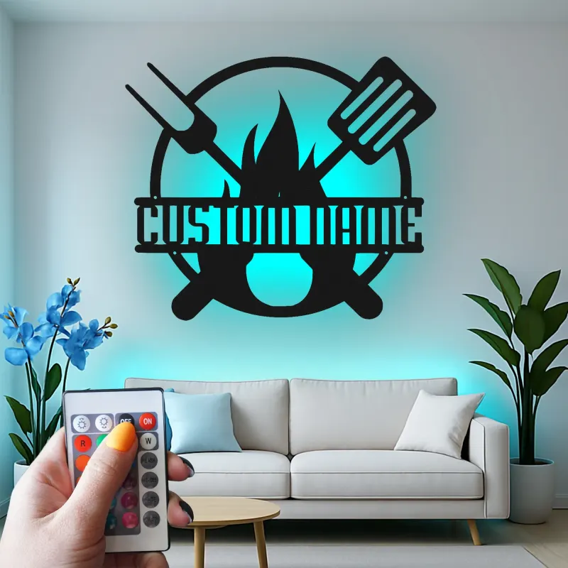 Insegna in metallo personalizzata con BBQ Grill e luce LED regalo personalizzato per maestro della griglia decorazione per patio all'aperto