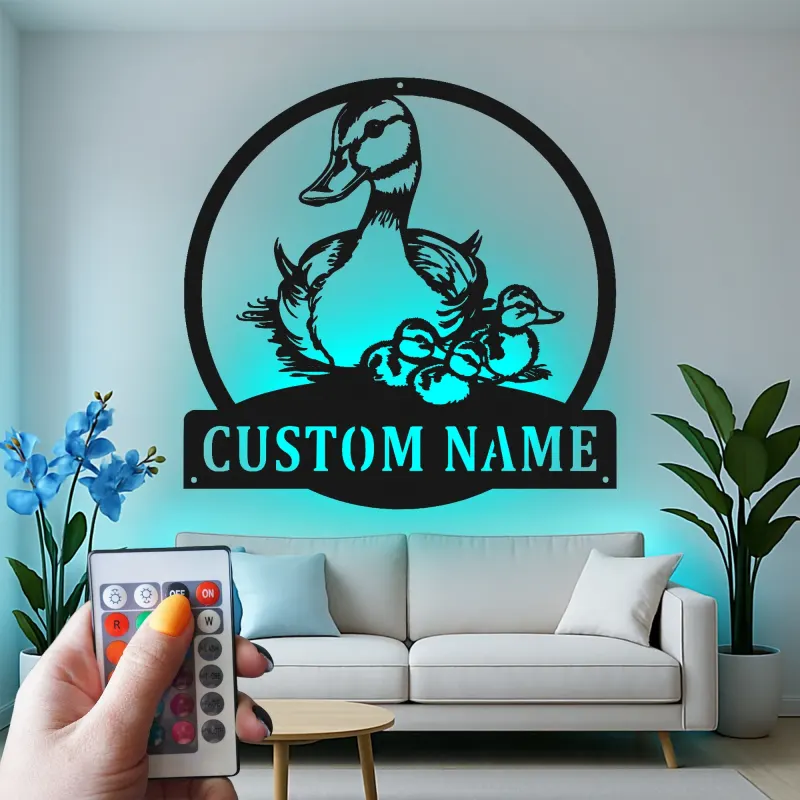 Cartel de metal personalizado con familia de patos y luz LED, regalo personalizado para amantes de la naturaleza, decoración para guardería o salón