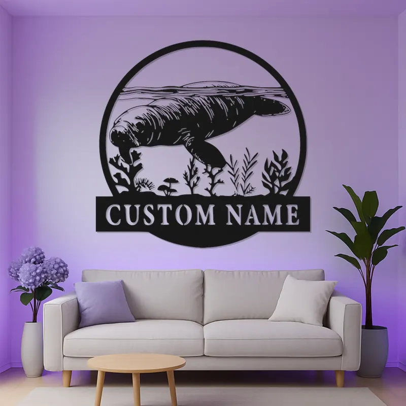 Individuelle Manatee Metall-Wandkunst | Personalisierte LED-Ozeanschild für Küstendekor | Nautisches Geschenk für das Meeresleben