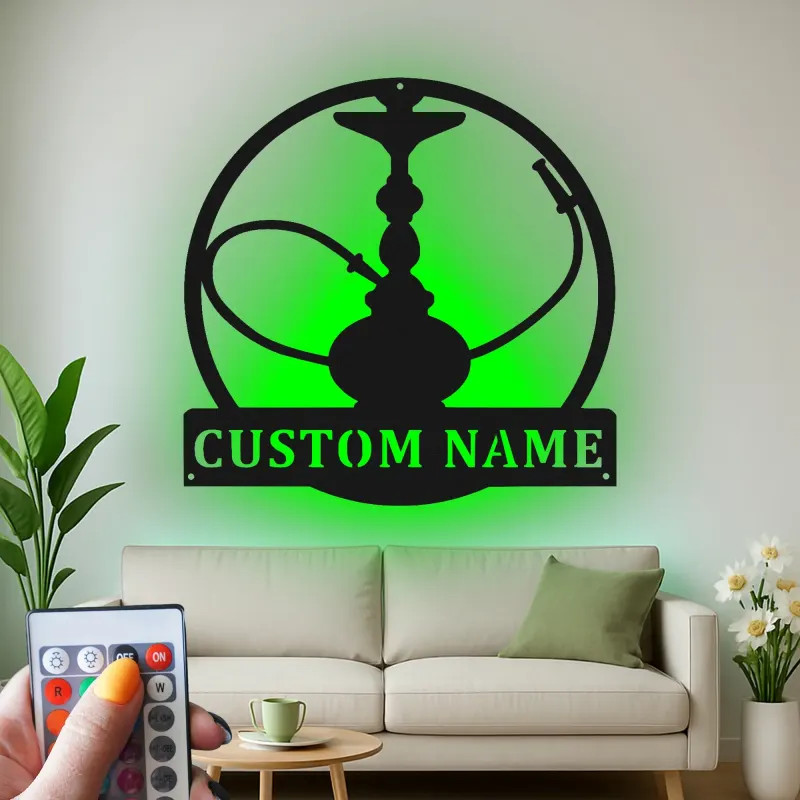 Insegna LED per Hookah Personalizzata | Decorazione per Lounge Shisha | Insegna in Metallo con Targhetta | Accento per Bar e Man Cave