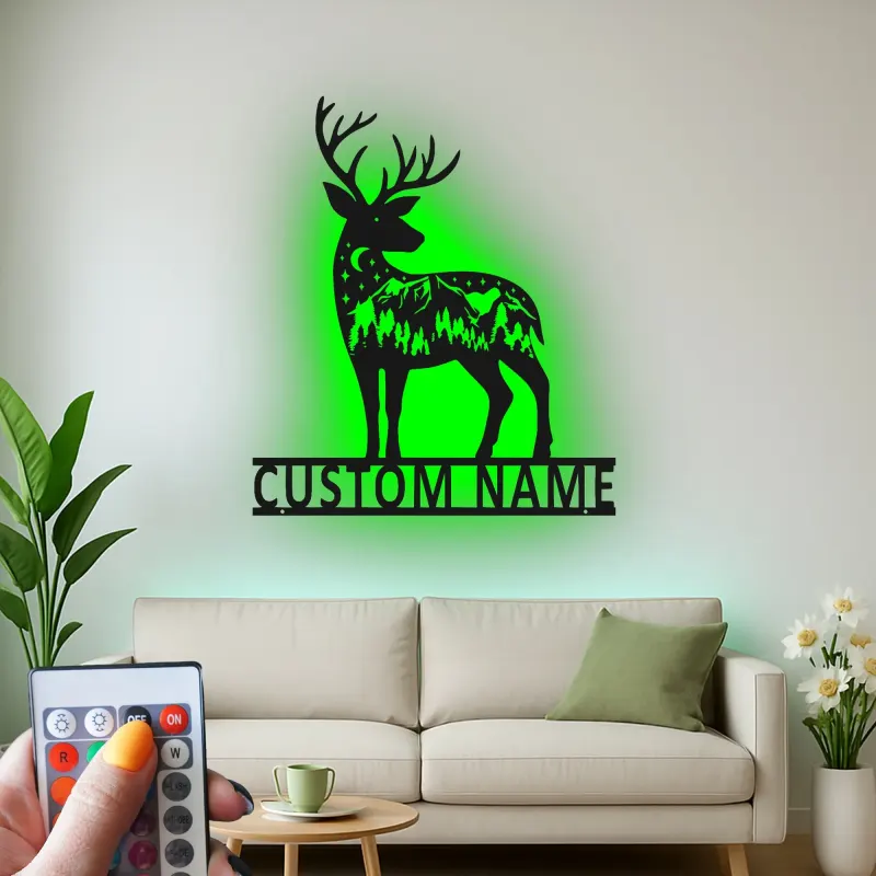 Insegna in metallo personalizzata con silhouette di cervo e luce LED regalo per amanti della natura decorazione per chalet o lodge